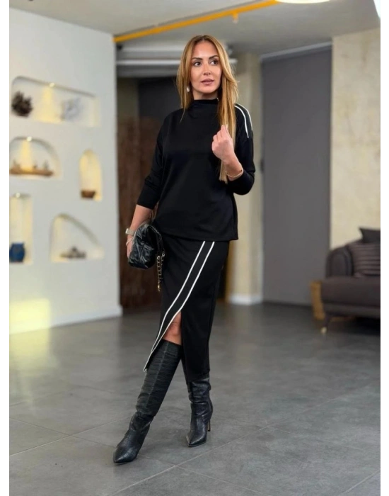 Kadın Uzun Kollu Yüksek Yakalı Yan şerit Detaylı Viskon Iki Iplik Bluz Ve Etek Ikili Takım