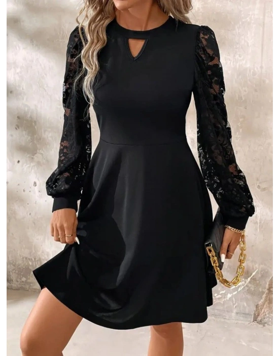 Kadın Uzun Kollu Yuvarlak Damla Detaylı Kolları Tül Detaylı Kısa Ithal Krep Elbise