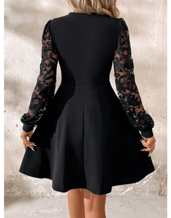 Kadın Uzun Kollu Yuvarlak Damla Detaylı Kolları Tül Detaylı Kısa Ithal Krep Elbise