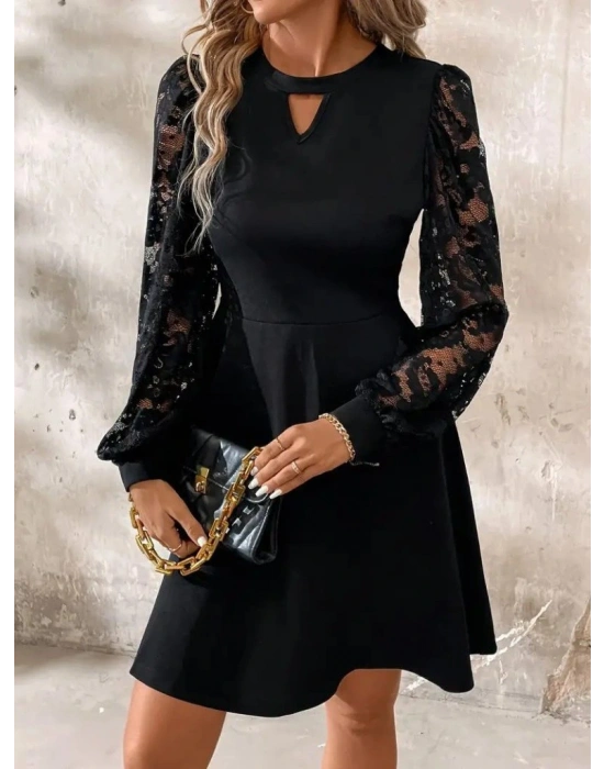 Kadın Uzun Kollu Yuvarlak Damla Detaylı Kolları Tül Detaylı Kısa Ithal Krep Elbise