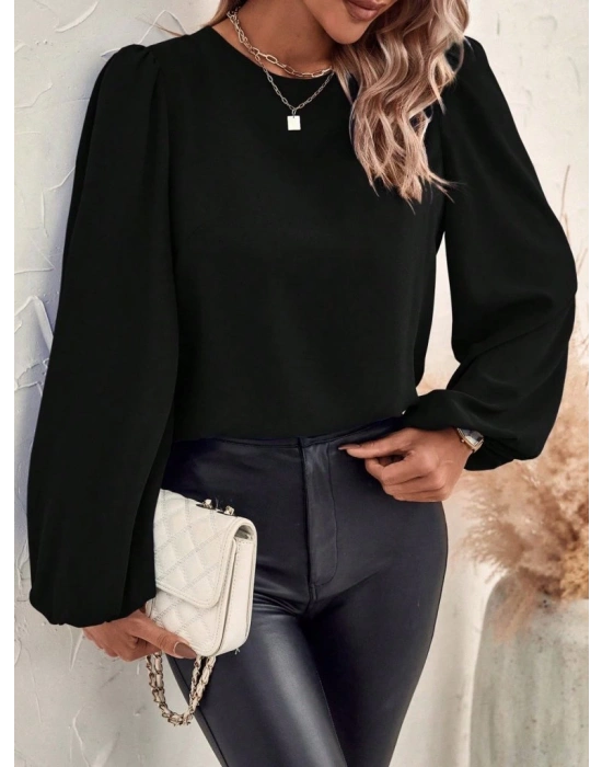 Kadın Uzun Kollu Yuvarlak Yaka Arkadan Bağcıklı Salaş Ithal Krep Bluz