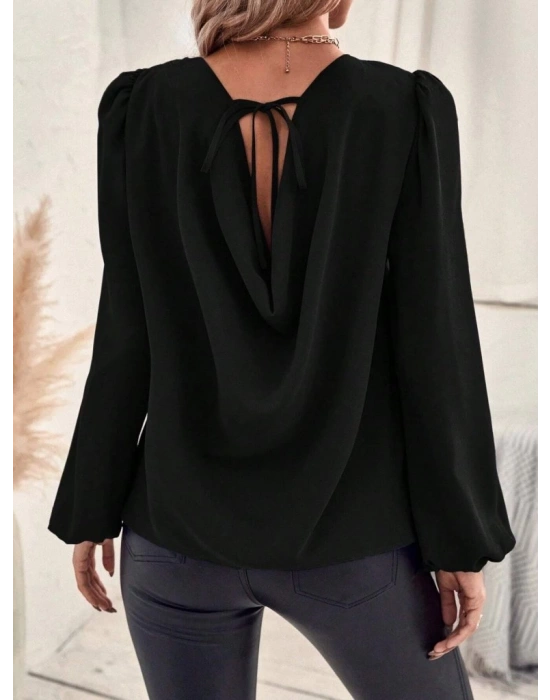 Kadın Uzun Kollu Yuvarlak Yaka Arkadan Bağcıklı Salaş Ithal Krep Bluz