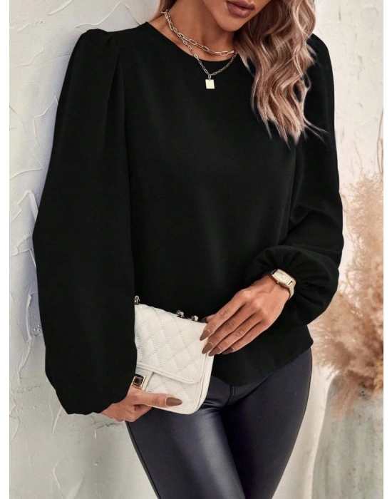 Kadın Uzun Kollu Yuvarlak Yaka Arkadan Bağcıklı Salaş Ithal Krep Bluz