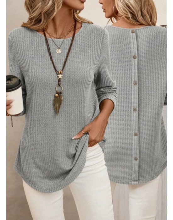 Kadın Uzun Kollu Yuvarlak Yaka Arkadan Düğmeli Waffle Bluz