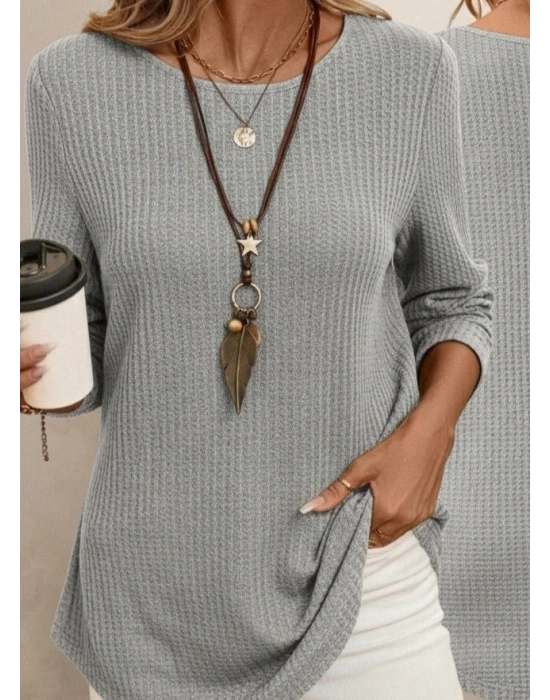 Kadın Uzun Kollu Yuvarlak Yaka Arkadan Düğmeli Waffle Bluz