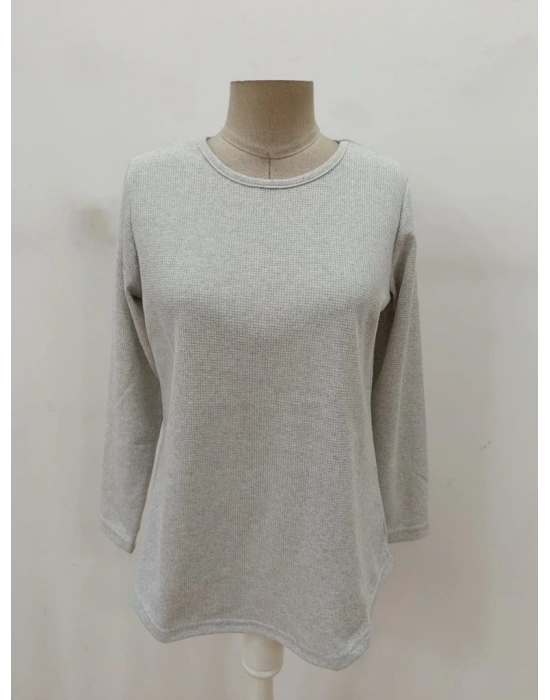 Kadın Uzun Kollu Yuvarlak Yaka Arkadan Düğmeli Waffle Bluz