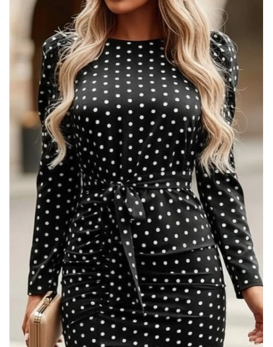 Kadın Uzun Kollu Yuvarlak Yaka Belden Kuşaklı önden Yırtmaçlı örme Krep Elbise