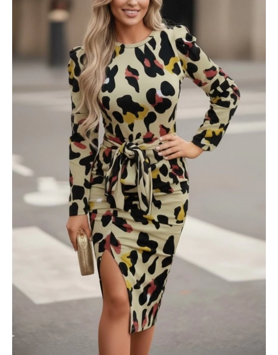 Kadın Uzun Kollu Yuvarlak Yaka Belden Kuşaklı önden Yırtmaçlı örme Krep Elbise