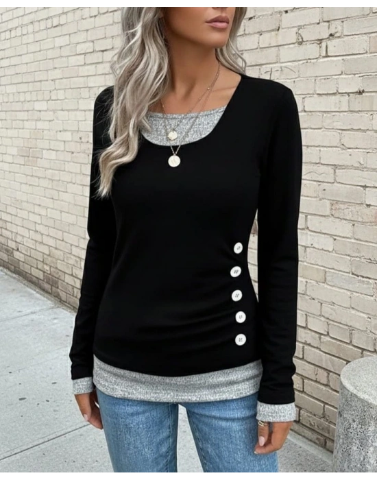 Kadın Uzun Kollu Yuvarlak Yaka Blok Renkli Yandan Düğmeli Viskon Bluz