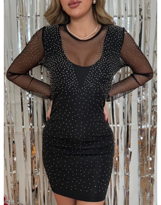 Kadın Uzun Kollu Yuvarlak Yaka Dekolteli Taşlı Dalgıç Elbise