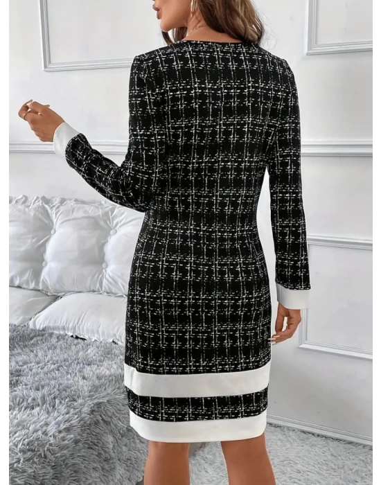 Kadın Uzun Kollu Yuvarlak Yaka Etek Ucu şerit Detaylı Kısa Dokuma Elbise