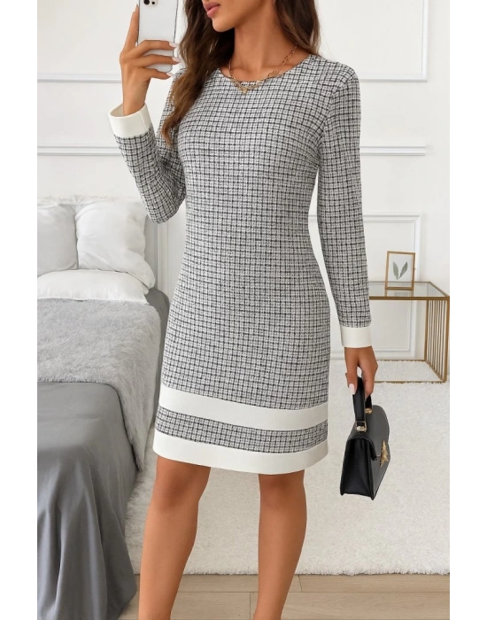 Kadın Uzun Kollu Yuvarlak Yaka Etek Ucu şerit Detaylı Mini Dokuma Elbise