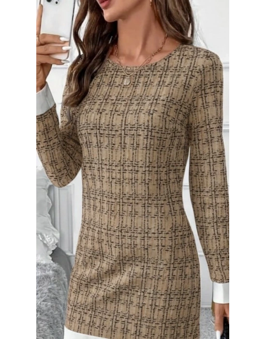 Kadın Uzun Kollu Yuvarlak Yaka Etek Ucu şerit Detaylı Mini Dokuma Elbise