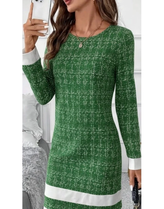 Kadın Uzun Kollu Yuvarlak Yaka Etek Ucu şerit Detaylı Mini Dokuma Elbise