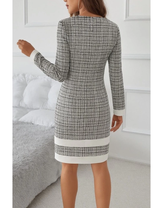 Kadın Uzun Kollu Yuvarlak Yaka Etek Ucu şerit Detaylı Mini Dokuma Elbise