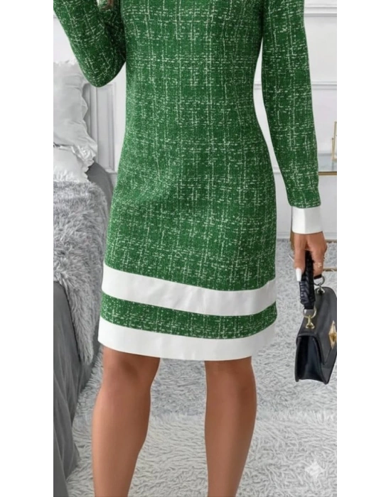 Kadın Uzun Kollu Yuvarlak Yaka Etek Ucu şerit Detaylı Mini Dokuma Elbise