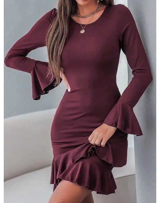 Kadın Uzun Kollu Yuvarlak Yaka Fırfırlı Kol Ucu Volanlı Janjan Krep Mini Elbise