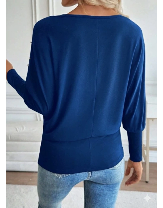 Kadın Uzun Kollu Yuvarlak Yaka Incili Viskon Bluz