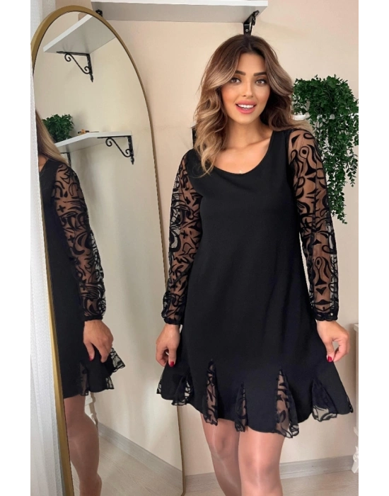 Kadın Uzun Kollu Yuvarlak Yaka Kol Ve Etek Ucu Dantelli Kısa Ithal Krep Elbise