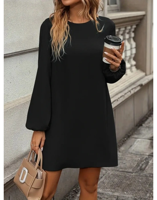 Kadın Uzun Kollu Yuvarlak Yaka Mini Ithal Krep Elbise
