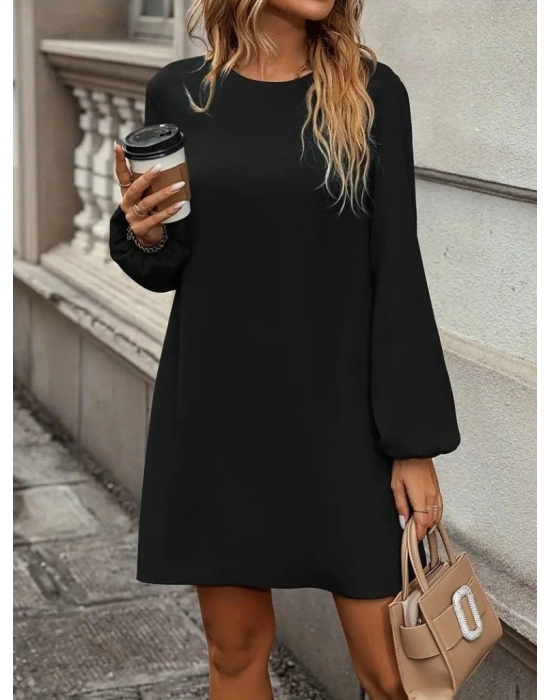 Kadın Uzun Kollu Yuvarlak Yaka Mini Ithal Krep Elbise