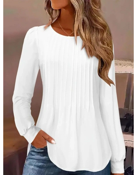 Kadın Uzun Kollu Yuvarlak Yaka Nervürlü Bluz