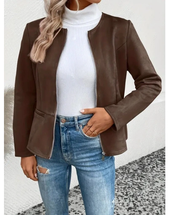 Kadın Uzun Kollu Yuvarlak Yaka önden Fermuarlı Süet Ceket