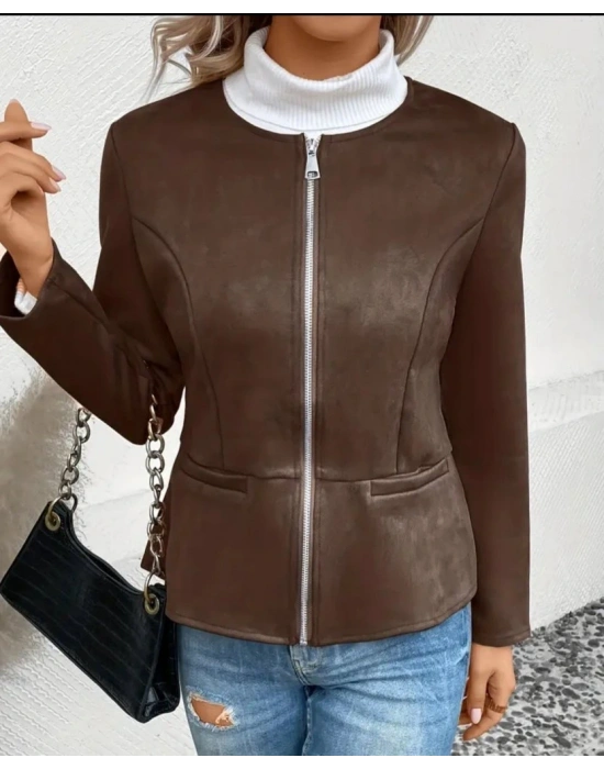 Kadın Uzun Kollu Yuvarlak Yaka önden Fermuarlı Süet Ceket