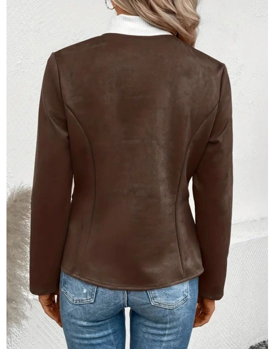 Kadın Uzun Kollu Yuvarlak Yaka önden Fermuarlı Süet Ceket