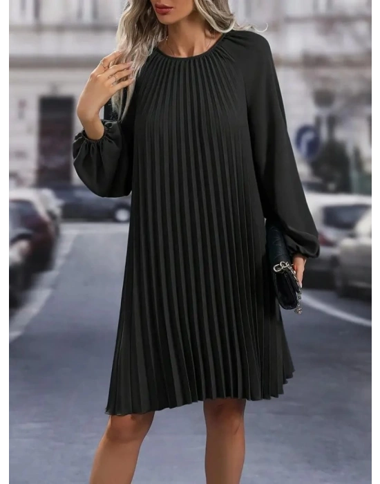 Kadın Uzun Kollu Yuvarlak Yaka Pileli Salaş Mini Ithal Krep Elbise