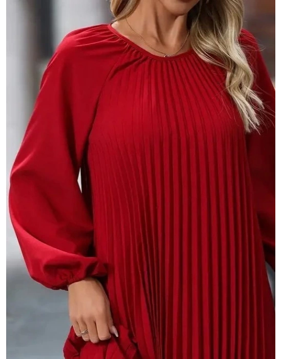 Kadın Uzun Kollu Yuvarlak Yaka Pileli Salaş Mini Ithal Krep Elbise