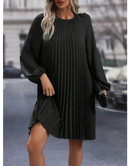 Kadın Uzun Kollu Yuvarlak Yaka Pileli Salaş Mini Ithal Krep Elbise