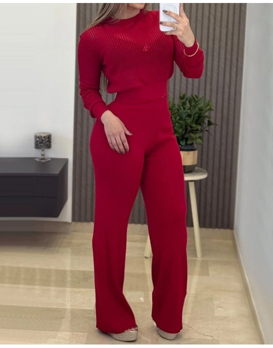 Kadın Uzun Kollu Yuvarlak Yaka Transparan Detaylı Triko Bluz Ve Pantolon Ikili Takım