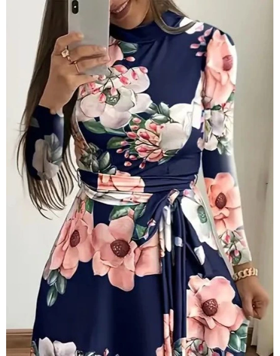 Kadın Uzun Kollu Yuvarlak Yakalı Beli Kuşaklı Desenli Süprem Uzun Elbise