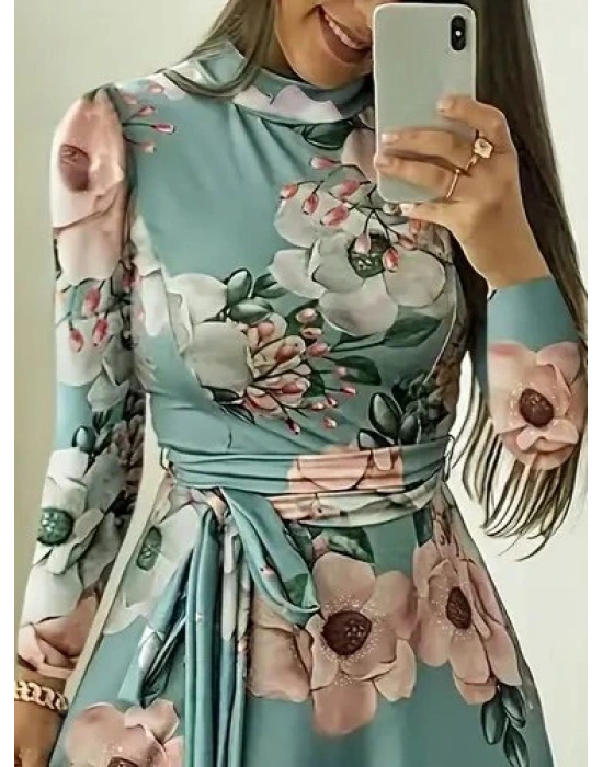 Kadın Uzun Kollu Yuvarlak Yakalı Beli Kuşaklı Desenli Süprem Uzun Elbise