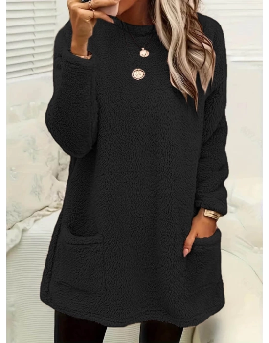 Kadın Uzun Kollu Yuvarlak Yakalı Cepli Peluş Bluz
