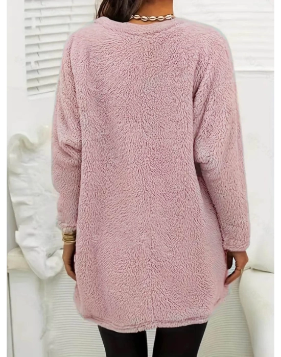 Kadın Uzun Kollu Yuvarlak Yakalı Cepli Peluş Bluz