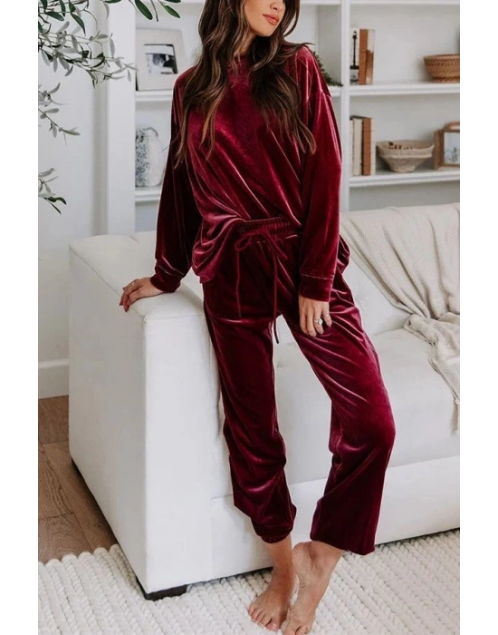 Kadın Uzun Kollu Yuvarlak Yakalı Kadife Bluz Ve Pantolon Takım
