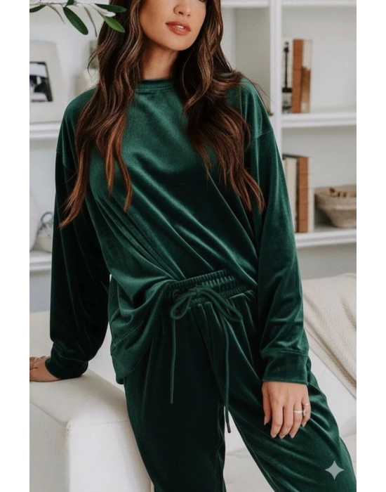 Kadın Uzun Kollu Yuvarlak Yakalı Kadife Bluz Ve Pantolon Takım