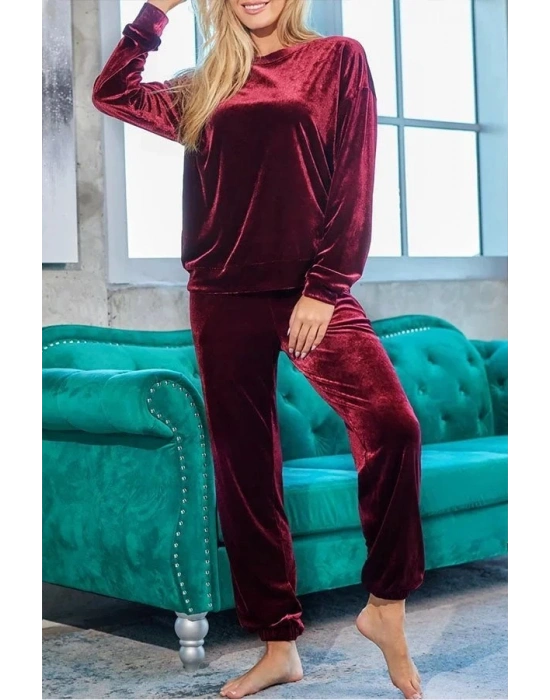 Kadın Uzun Kollu Yuvarlak Yakalı Kadife Bluz Ve Pantolon Takım