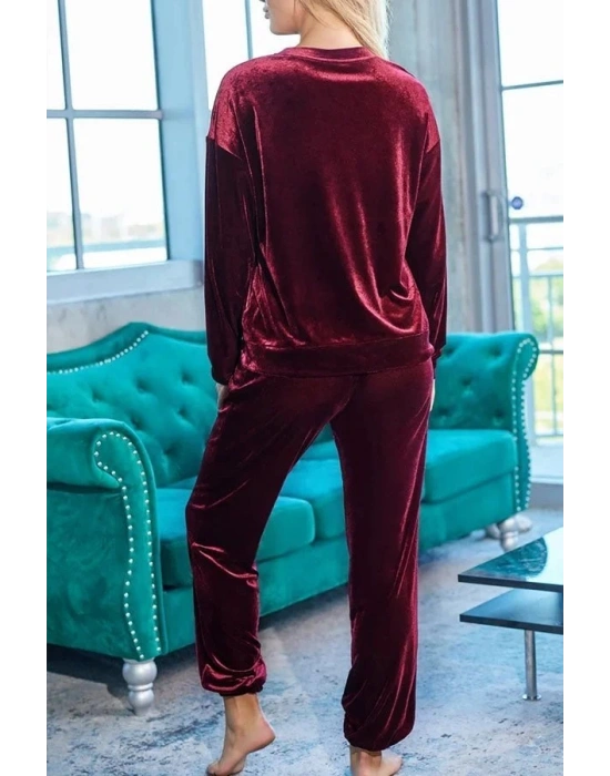 Kadın Uzun Kollu Yuvarlak Yakalı Kadife Bluz Ve Pantolon Takım