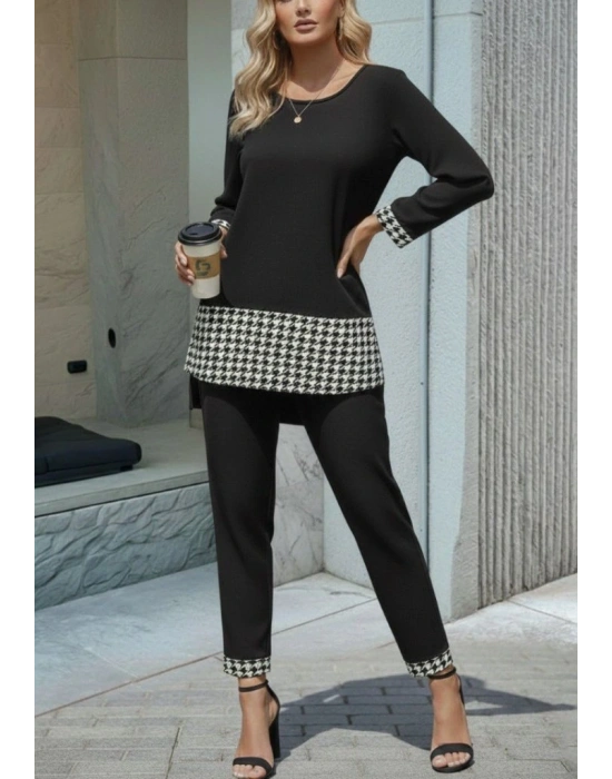 Kadın Uzun Kollu Yuvarlak Yakalı Kaz Ayağı Detaylı Viskon Iki Iplik Bluz Ve Pantolon Ikili Takım