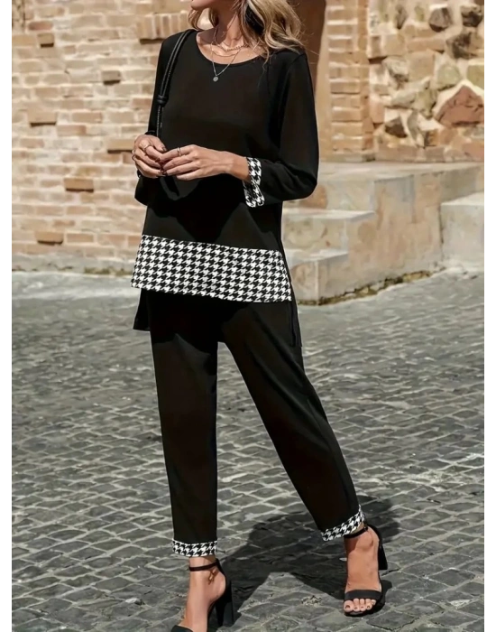 Kadın Uzun Kollu Yuvarlak Yakalı Kaz Ayağı Detaylı Viskon Iki Iplik Bluz Ve Pantolon Ikili Takım