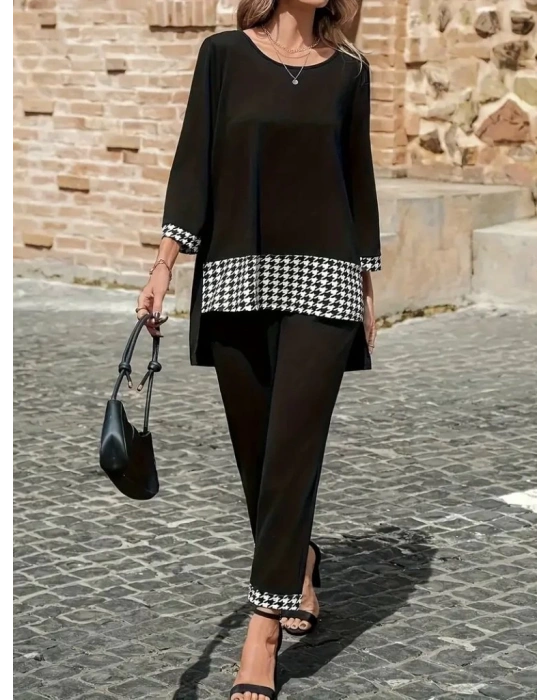 Kadın Uzun Kollu Yuvarlak Yakalı Kaz Ayağı Detaylı Viskon Iki Iplik Bluz Ve Pantolon Ikili Takım