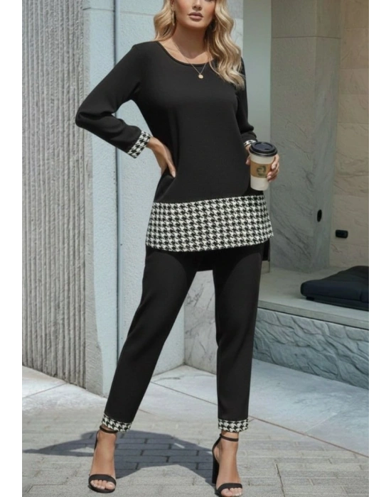 Kadın Uzun Kollu Yuvarlak Yakalı Kaz Ayağı Detaylı Viskon Iki Iplik Bluz Ve Pantolon Ikili Takım