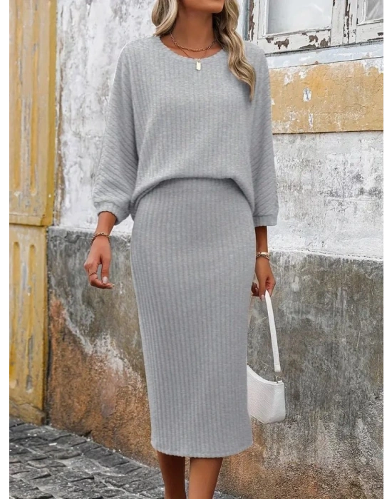 Kadın Uzun Kollu Yuvarlak Yakalı şardonlu Kaşkorse Bluz Ve Etek Ikili Takım