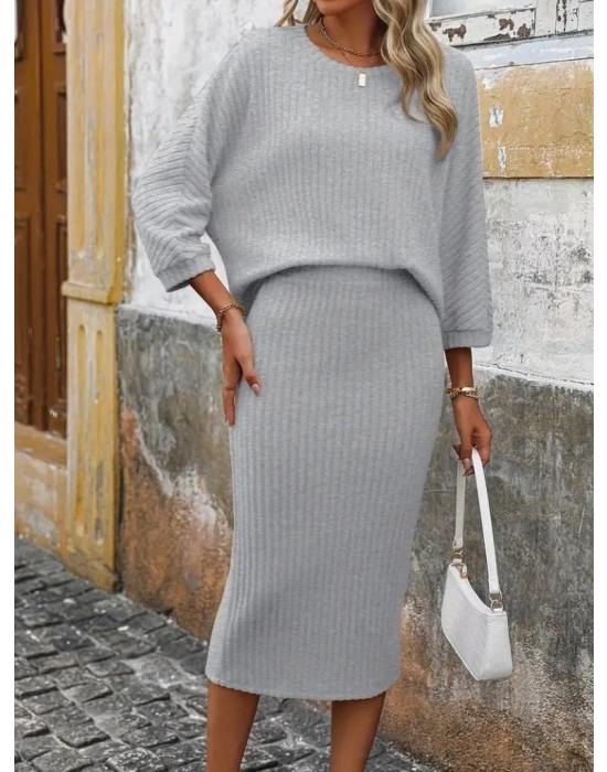 Kadın Uzun Kollu Yuvarlak Yakalı şardonlu Kaşkorse Bluz Ve Etek Ikili Takım