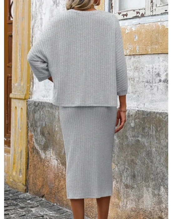 Kadın Uzun Kollu Yuvarlak Yakalı şardonlu Kaşkorse Bluz Ve Etek Ikili Takım