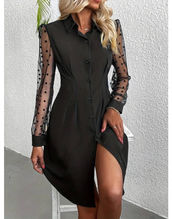 Kadın Uzun Puantiyeli Tül Kol Gömlek Yakalı önden Düğmeli Ithal Krep Elbise