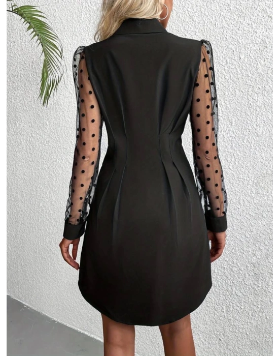 Kadın Uzun Puantiyeli Tül Kol Gömlek Yakalı önden Düğmeli Ithal Krep Elbise